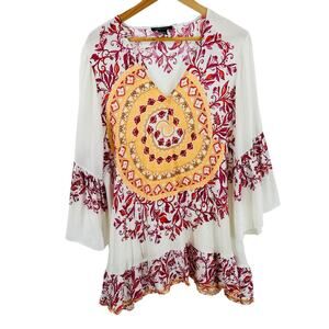 Robert Louis Babydoll Top‎ Women’s  L White Red Ruffle Bell Sleeve Flowy Blouse